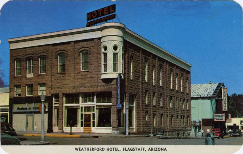 Vintage postcard of the Weatherford Hotel, Flagstaff, Arizona