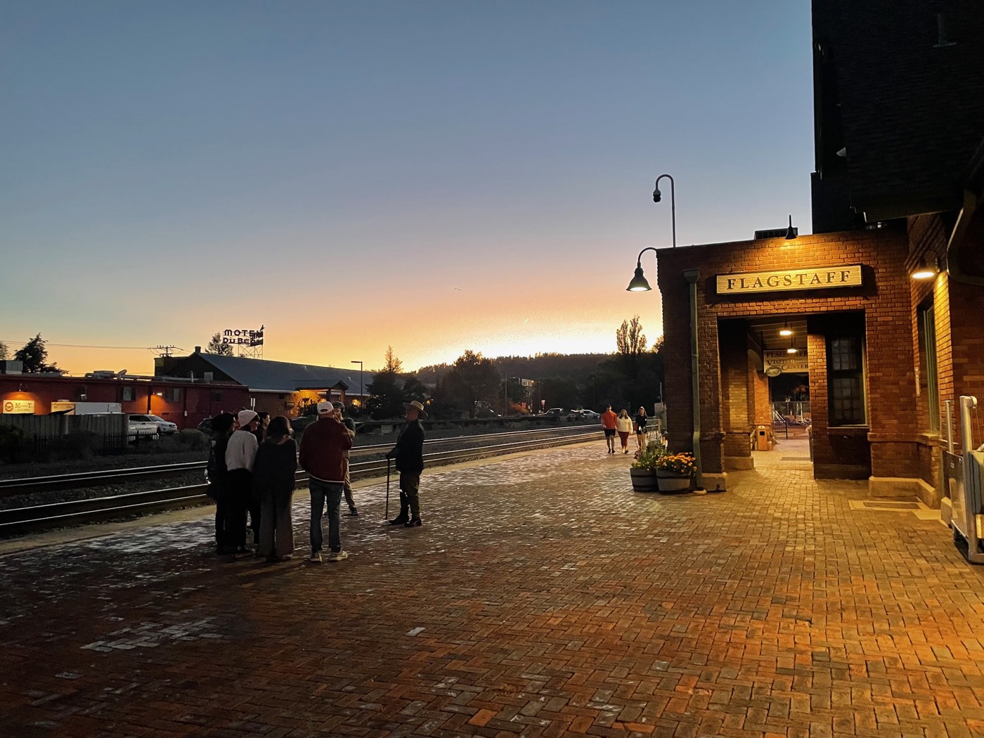 The 1926 red sandstone Flagstaff train depot at sunset